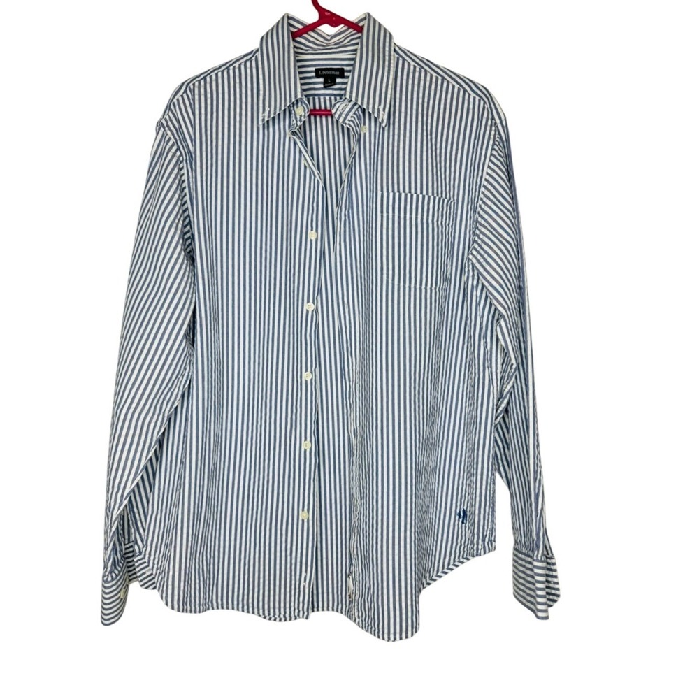 J Peterman Womens Cotton Seersucker Button Down Shirt L Striped Coastal Preppy